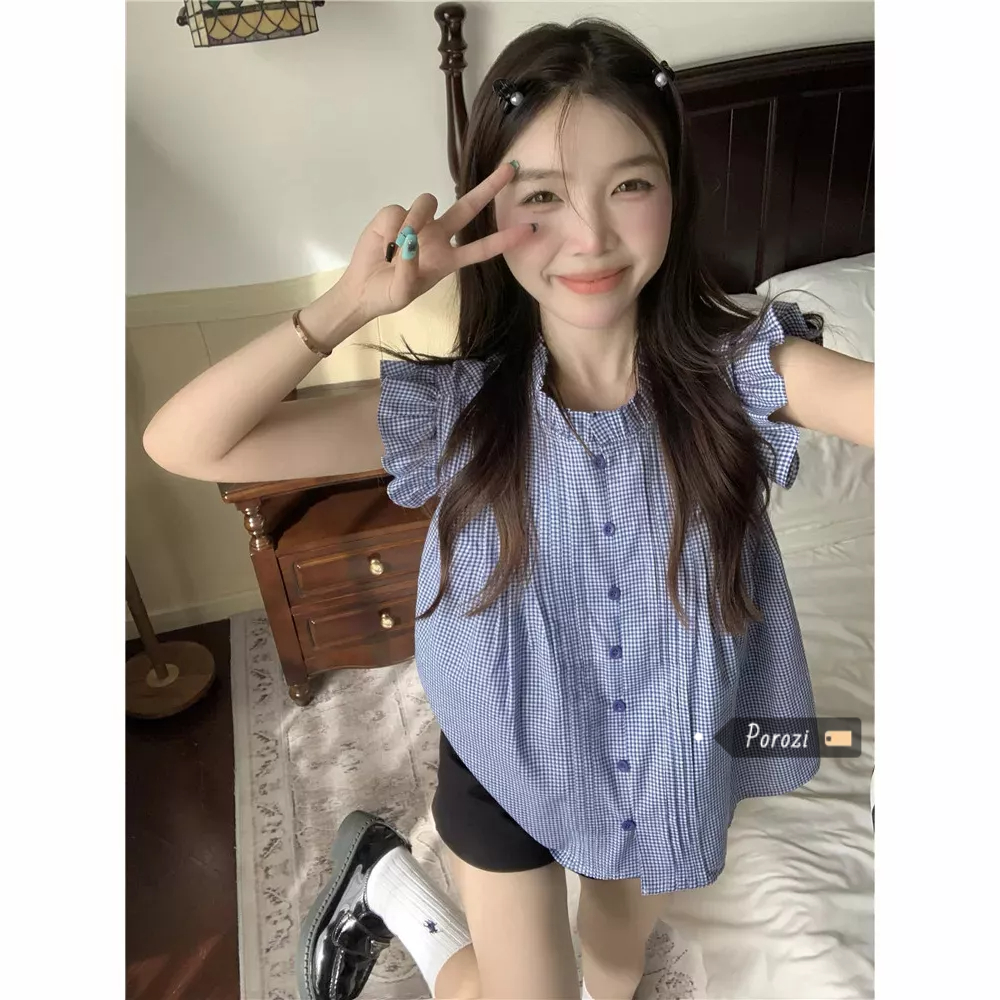 Porozi Áo Sơ Mi Trắng Không Tay Nhún Bèo Họa Tiết Caro Thời Trang Mùa Hè Cho Nữ