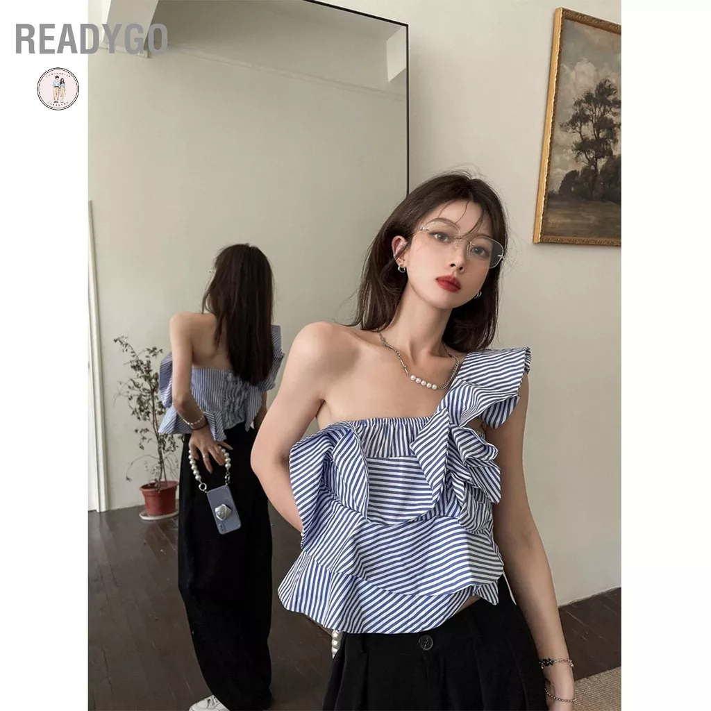 ReadyGo Áo Sơ Mi Nữ Sọc Một Vai Không Tay Xẻ Tà Trang Trí Kiểu Dáng Thời Hợp