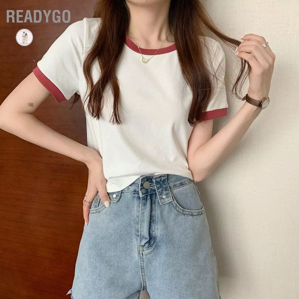 ReadyGo Áo Thun Nữ Tay Ngắn Cổ Tròn Màu Sắc Tương Phản Đa Năng Hợp Thời Trang Mùa Hè Hàng Đầu
