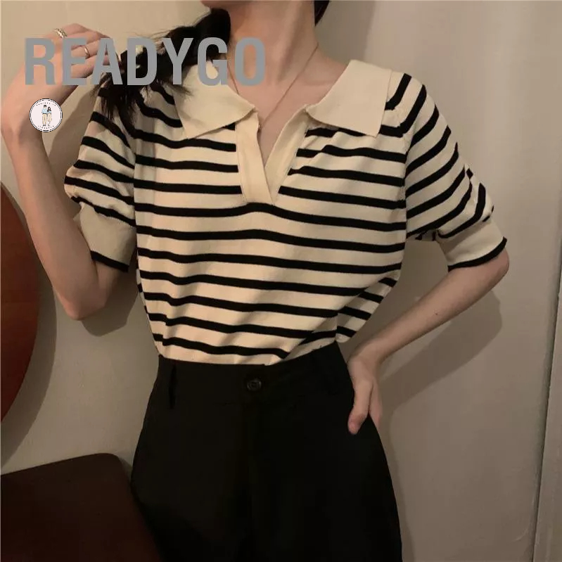 ReadyGo Áo Thun Nữ Cổ Chữ V Họa Tiết Sọc Top Thoải Mái Tee Dành Cho Văn Phòng Dự Tiệc
