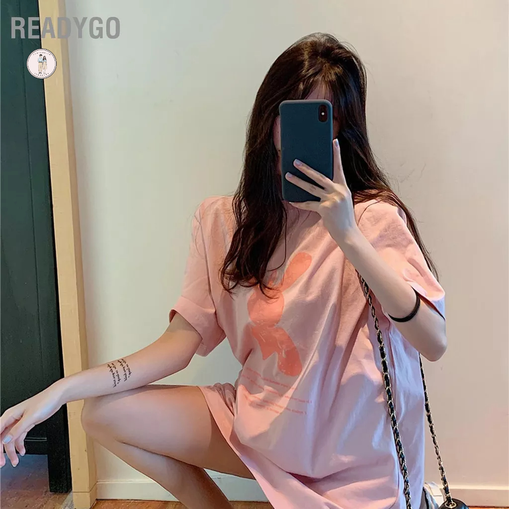 ReadyGo Phụ Nữ Ngắn Tay Dài Áo Thời Trang In Hình Thỏ Rời Học Sinh Cho Mùa Hè