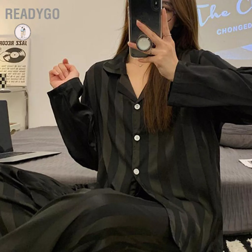 ReadyGo Phụ Nữ Lụa Sọc Bộ Pyjama Đôi Dài Dọc Dây Dạ Nỉ Mô Phỏng Tay Và Quần