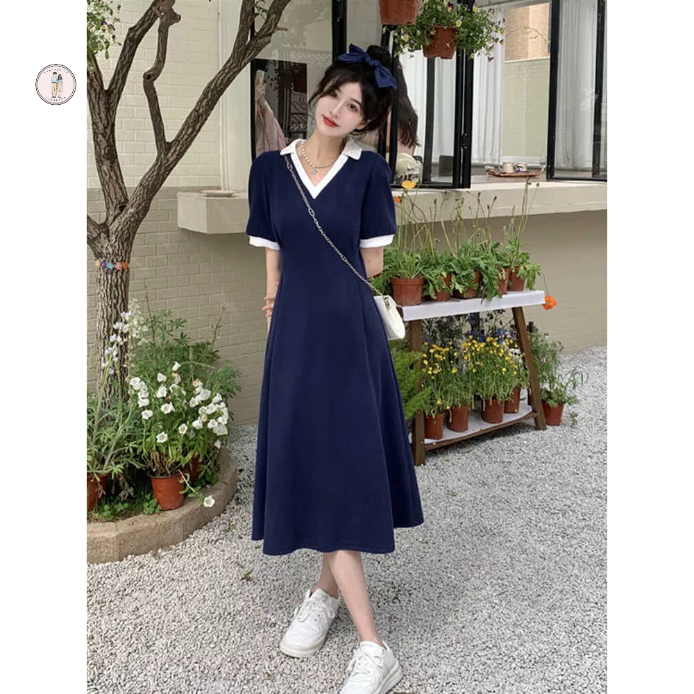 ReadyGo Có hàng sẵn Đầm Nữ Cổ V Thu Eo Tay Ngắn Đơn Giản Thanh Lịch Cho Đi Ăn Tối Xanh Navy