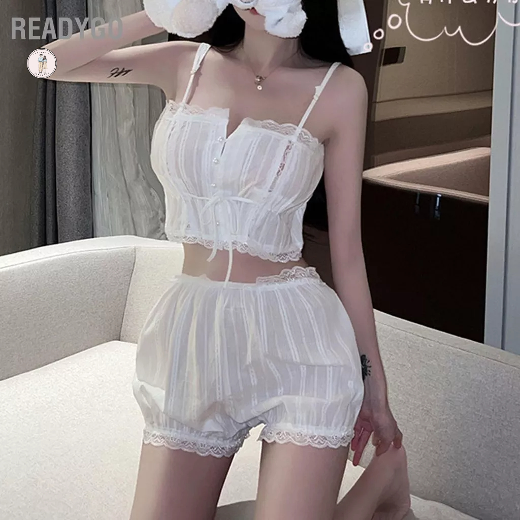 ReadyGo Bộ Đồ Ngủ Nữ Ren Trang Trí Spaghetti Dây Hở Mặt Trước Dễ Thương Rời Quần Short Mùa Hè | BigBuy360 - bigbuy360.vn