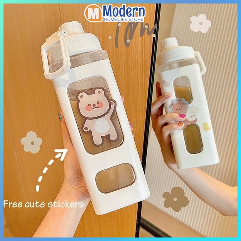 700Ml/900Ml Bình nước nhựa có ống hút Hàn quốc Vuông Gấu Chai Nước Công Suất Lớn Sinh Viên Chai Xách Tay Chai Với Rơm Rơm Nhựa Nước Chai BPA Miễn