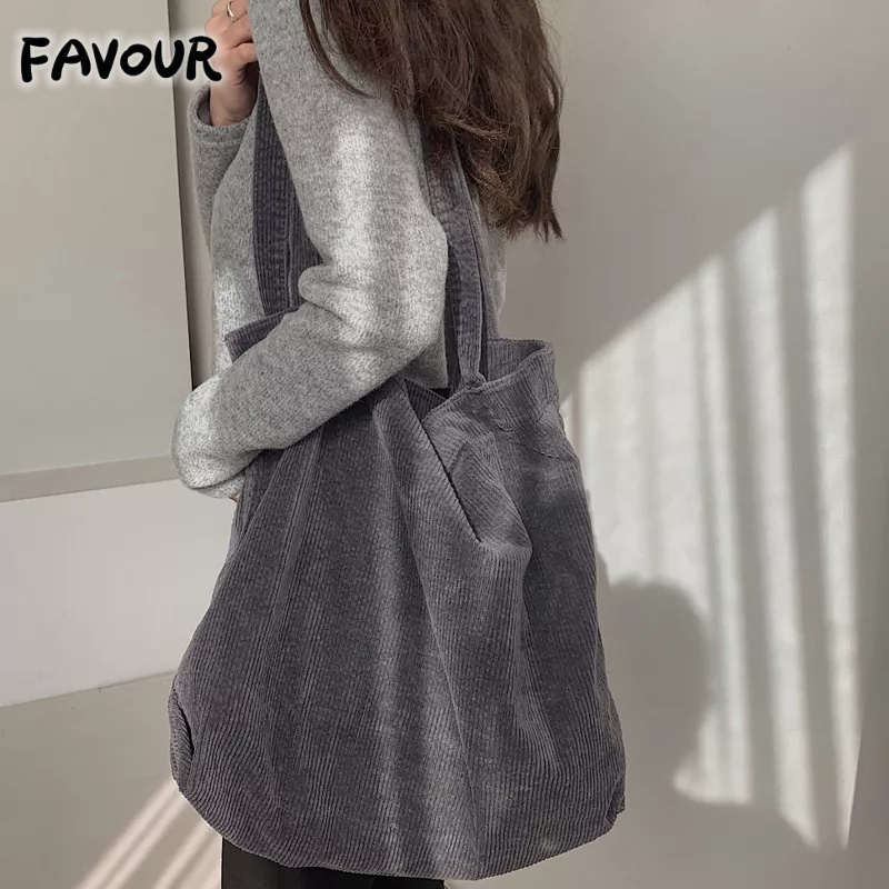 Túi Tote Đeo Vai Sức Chứa Lớn Bằng Vải Nhung Kẻ Đơn Giản Phong Cách Hàn Quốc Cổ Điển