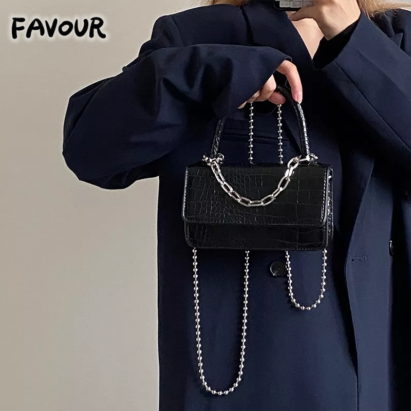 Túi Đeo Chéo Vuông Nhỏ Bằng Da Cá Sấu Phong Cách Tối Giản Nhỏ Gọn Có Nắp Lật Dây Xích Phong Cách Tố