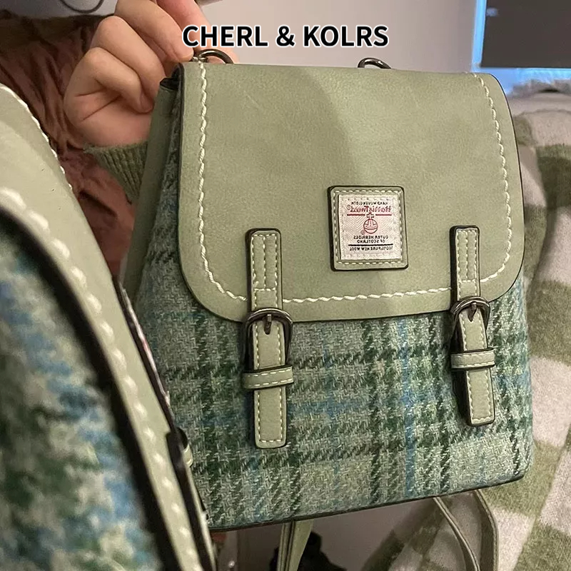 Ba lô CHERLKOLRS vải len kẻ sọc caro màu nâu / xanh dương phong cách retro Âu Mỹ thời trang thường ngày cao cấp cho nữ