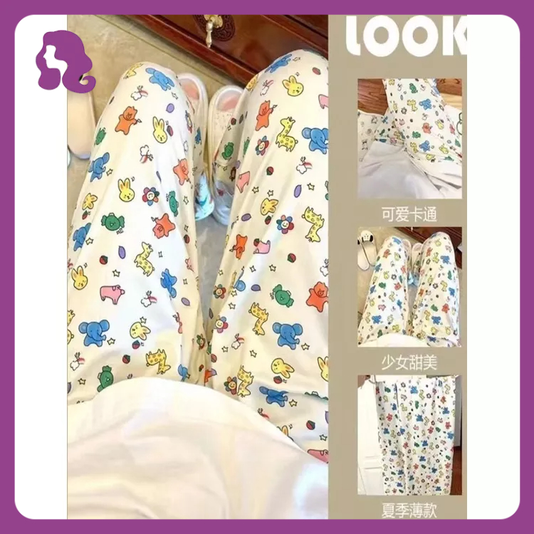 Quần Ngủ Dài Dáng Rộng In Họa Tiết Gấu Hoạt Hình Dễ Thương Cho Nữ