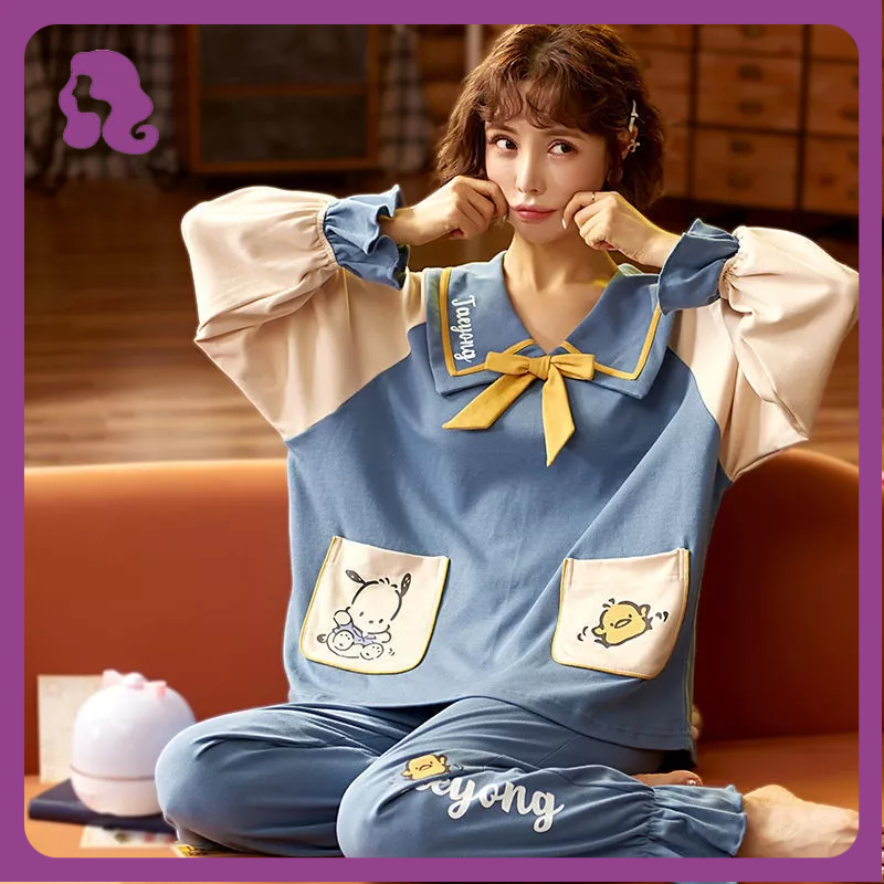 Bộ Đồ Ngủ Tay Dài Chất Liệu Cotton Nguyên Chất In Họa Tiết Hoạt Hình Dễ Thương Thời Trang Cho Nữ