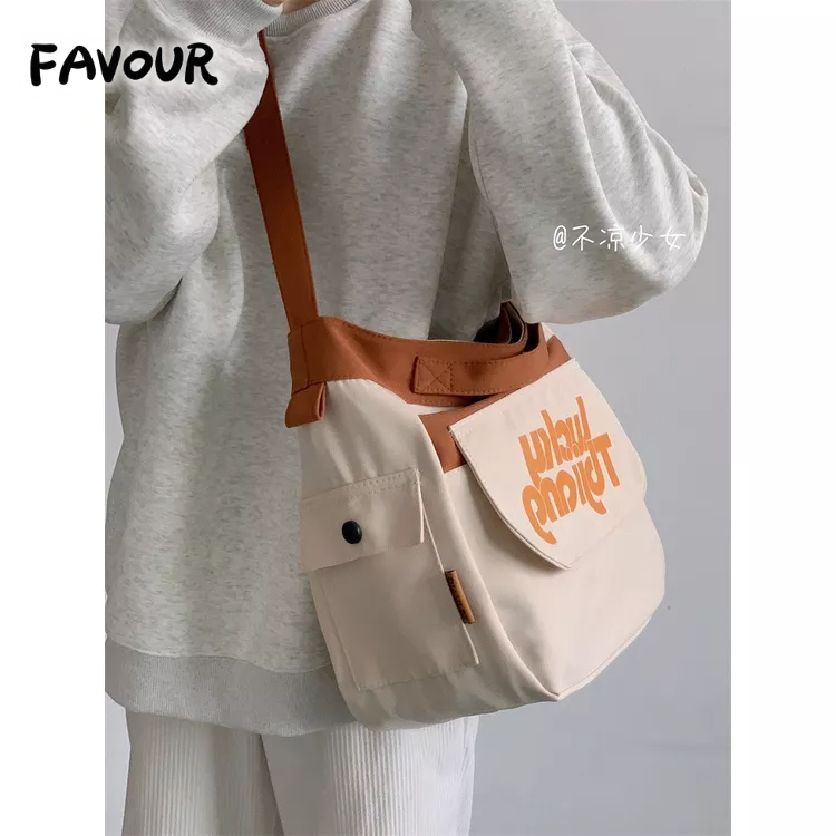 Favour Túi Xách Canvas Sức Chứa Lớn Màu Sắc Tương Phản Phong Cách Nhật Bản Dễ Phối Đồ Cho Học Sinh