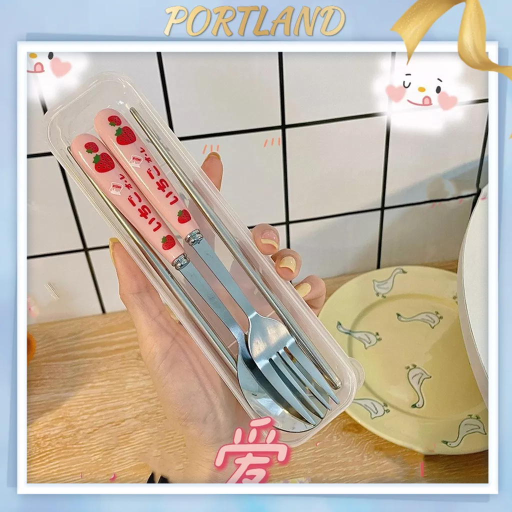 Portland Bộ 3 Đồ Ăn Dùng Muỗng Nĩa Đũa Tròn Bằng Thép Không Gỉ Phẳng Dao Kéo Có Hộp Trong Suốt