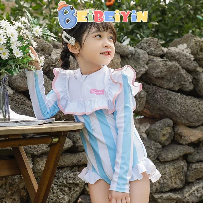BEIBEIYIN Đồ Bơi Một Mảnh Tay Dài Chống Nắng Nhanh Khô Thoáng Khí Kẻ Sọc Xinh Xắn Cho Bé Gái