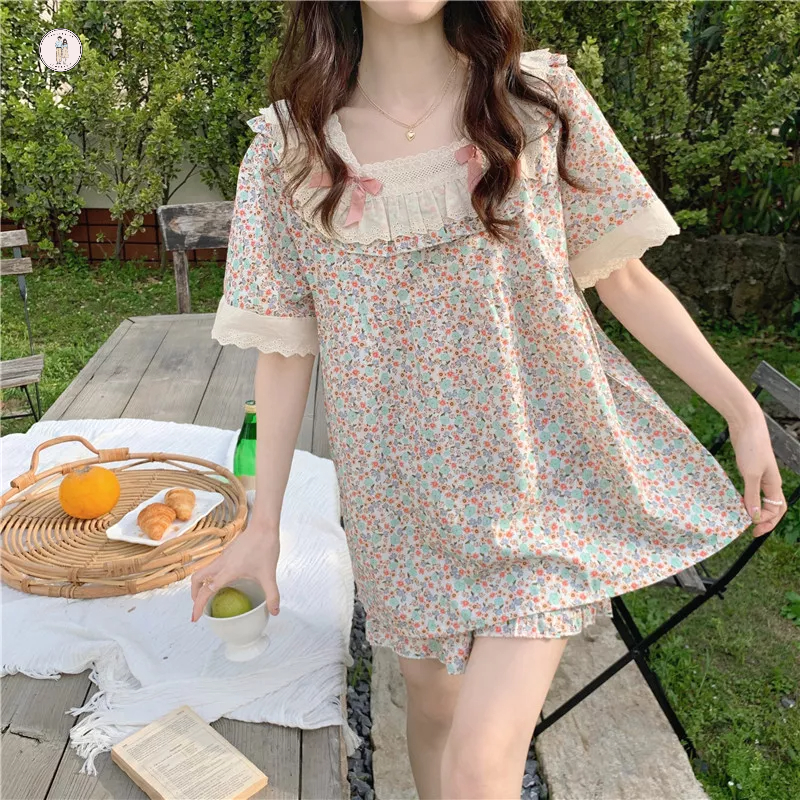 ReadyGo Có hàng sẵn Bộ Đồ Ngủ Nữ Mùa Hè Tay Ngắn Phối Ren Hai Mảnh Top Quần Short