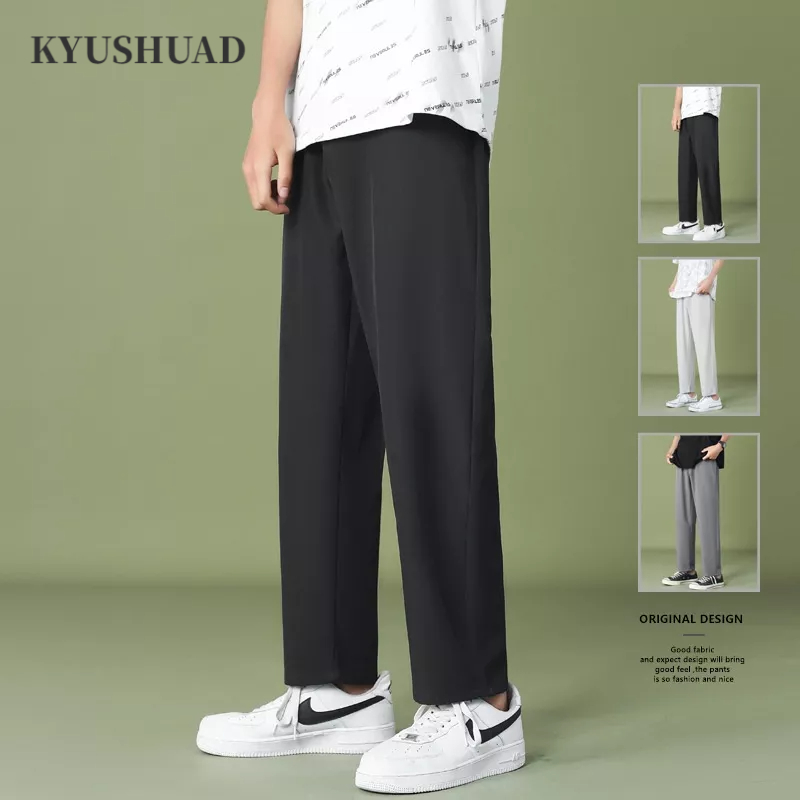 Quần KYUSHUAD vải lụa lạnh ống rộng dáng suông màu trơn phong cách giản dị dành cho nam