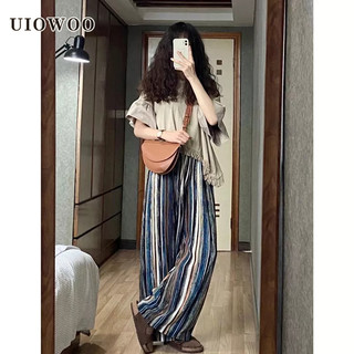 UIOWOO Quần Dài Lưng Cao Ống Rộng Họa Tiết Kẻ Sọc Phong Cách Hong Kong Thời Trang Mùa Hè Cho Nữ