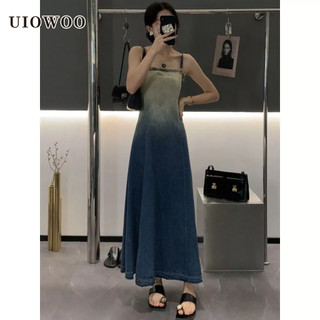 UIOWOO Đầm denim Hai Dây Màu Sắc Gradient Cao Cấp Ôm Dáng Phong Cách Pháp Cho Nữ