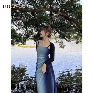 Uiowoo Đầm Lưới Hai Dây Dáng Dài Ôm Eo Màu gradient Mùa Xuân Thu Cho Nữ