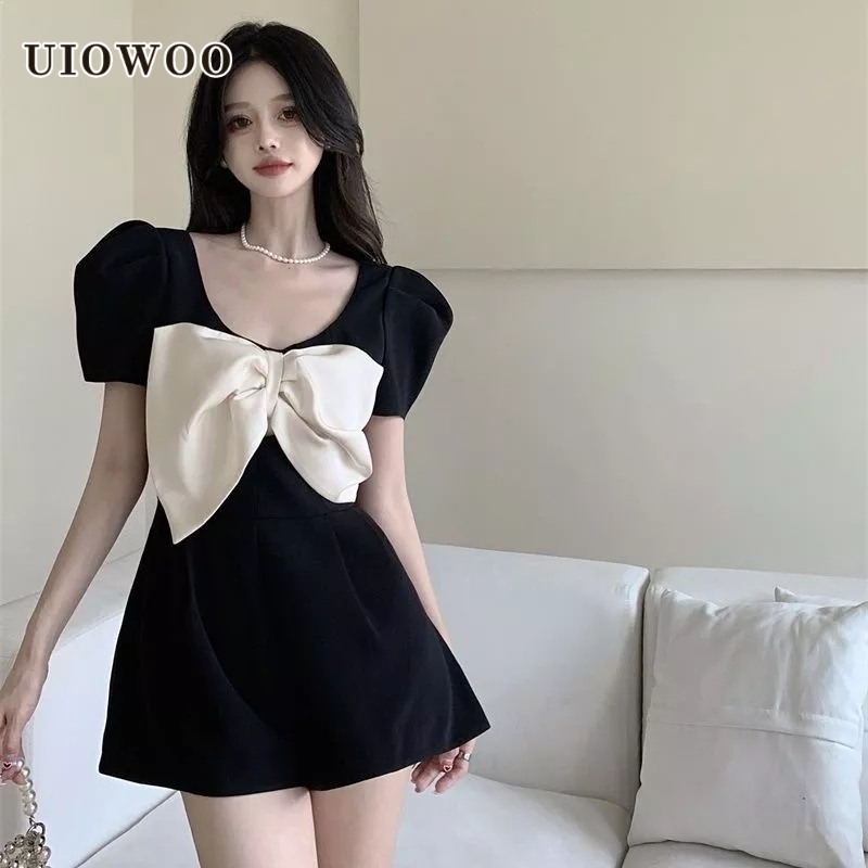 Áo liền quần UIOWOO lưng cao dáng ngắn ống rộng màu tương phản thời trang mùa hè dành cho nữ