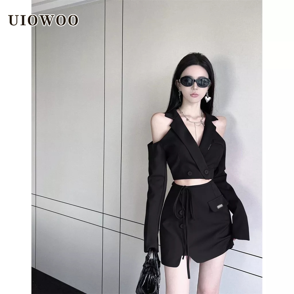 UIOWOO  Set Áo Trễ Vai Dài Tay + Chân Váy Thanh Lịch Dành Cho Nữ