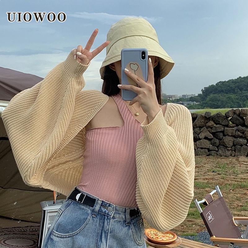Áo len UIOWOO tay phồng dáng rộng thiết kế bất đối xứng thời trang xuân thu