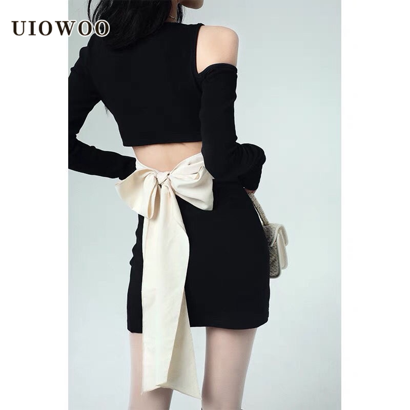 UIOWOO  Đầm Ôm Body Trễ Vai Đính Nơ Quyến Rũ Dành Cho Nữ
