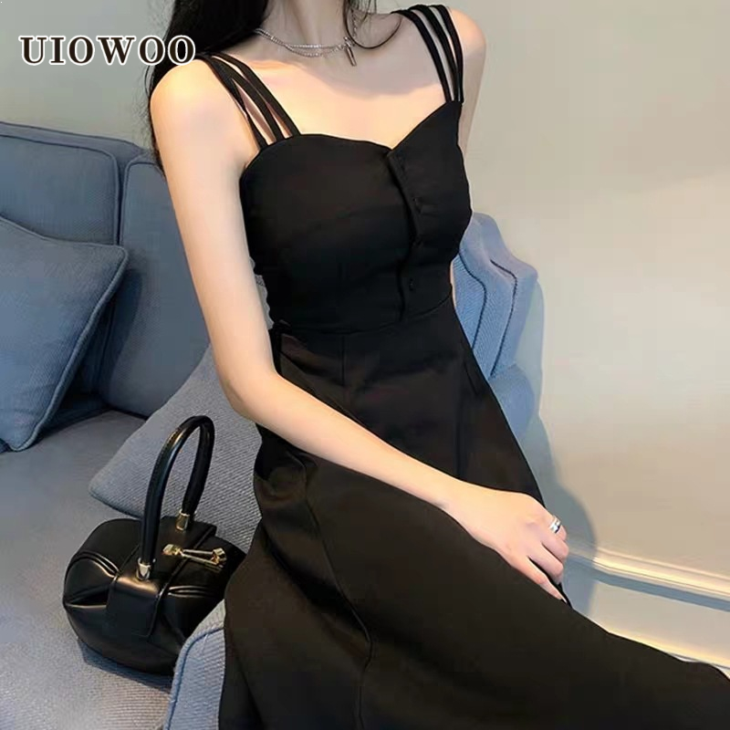 UIOWOO  Đầm Đen Dáng Dài Qua Gối Phong Cách Thời Trang Pháp Dành Cho Nữ