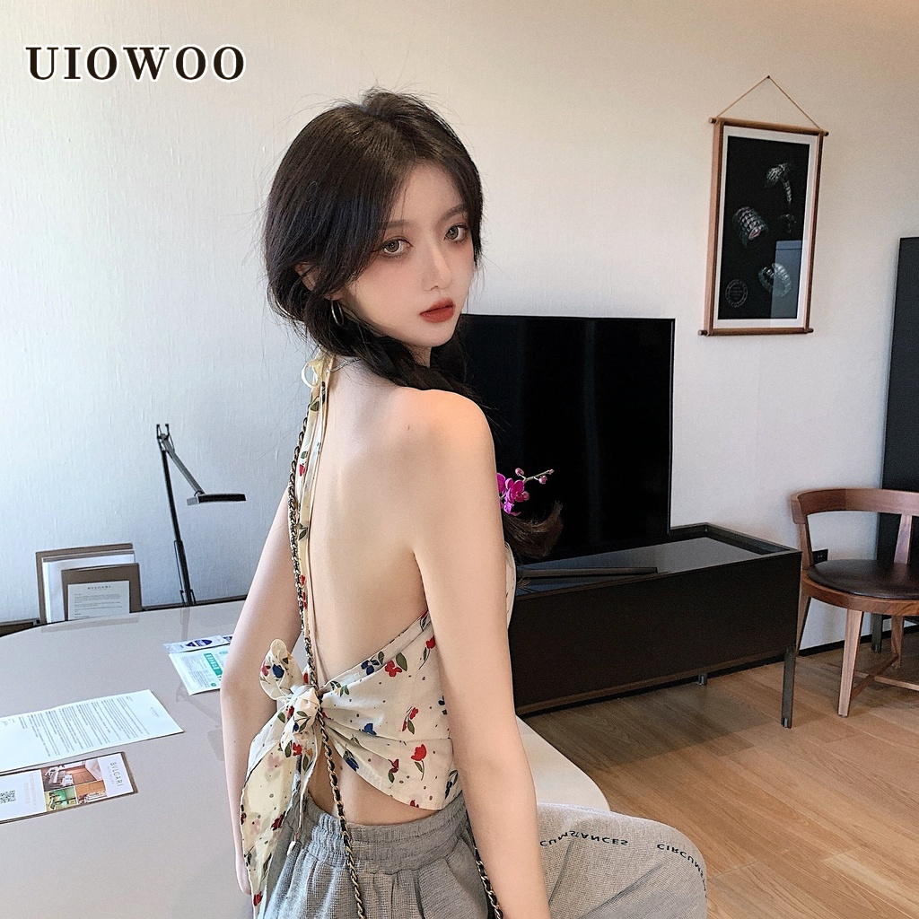 UIOWOO  Áo Ống Dây Rút Họa Tiết Hoa Phong Cách Mới Cho Nữ