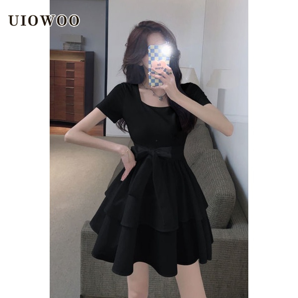 UIOWOO  Đầm Đen Tay Ngắn Dáng Chữ a Thắt Nơ Eo Thời Trang Mùa Hè Xinh Xắn Cho Nữ
