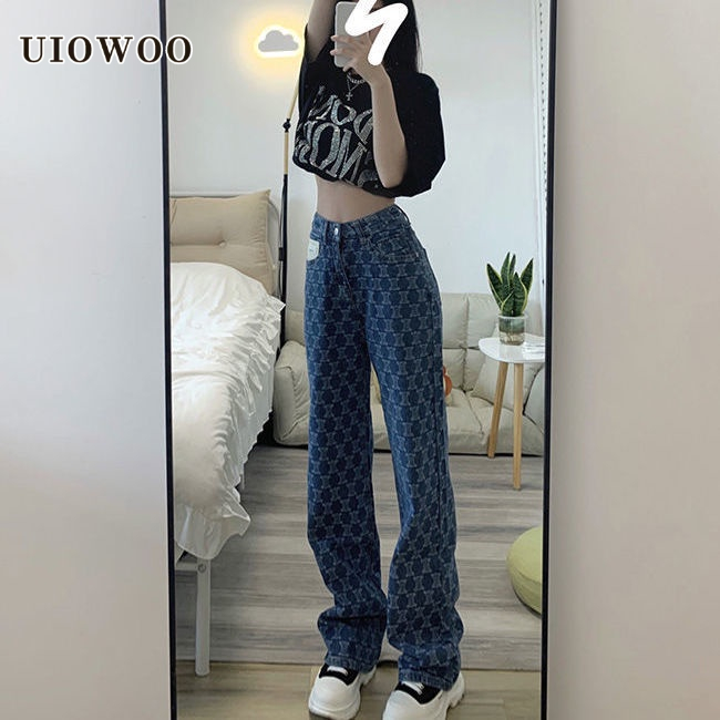 UIOWOO  Quần jeans xanh dương ống rộng lưng cao dáng suông in họa tiết mới cho nữ