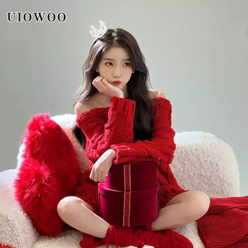 UIOWOO Áo Sweater Trễ Vai Màu Đỏ Dễ Thương Cho Nữ