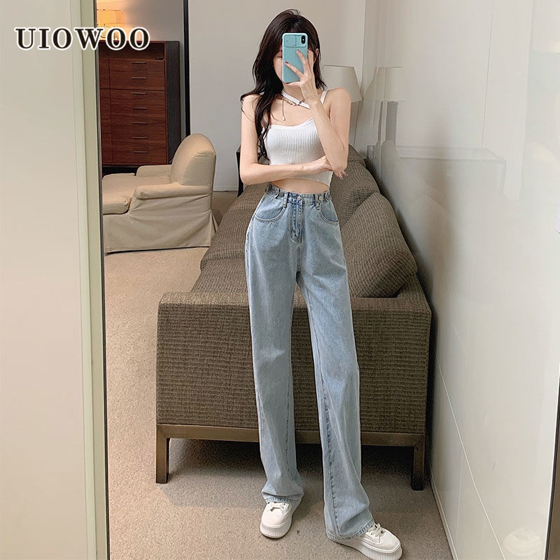 UIOWOO  Quần jeans nữ ống rộng lưng cao thời trang