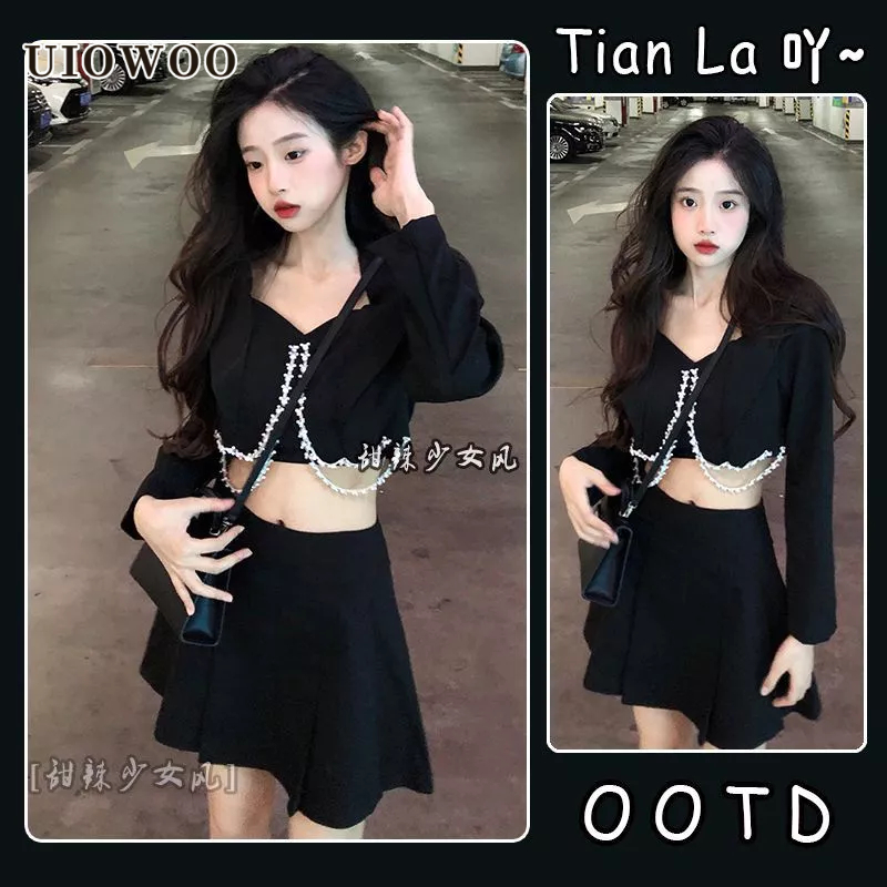 UIOWOO  Set Áo Khoác Và Chân Váy Xếp Ly Lưng Cao Thời Trang Nữ Tính