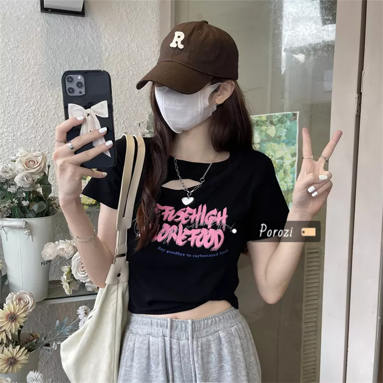 Porozi Áo Thun Ngắn Tay Khoét Vai Hình Trái Tim Thời Trang Dành Cho Nữ