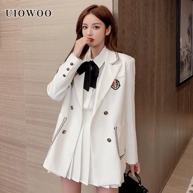 Bộ đồ UIOWOO gồm áo khoác và chân váy xếp ly đính nơ lưng cao thời trang đường phố