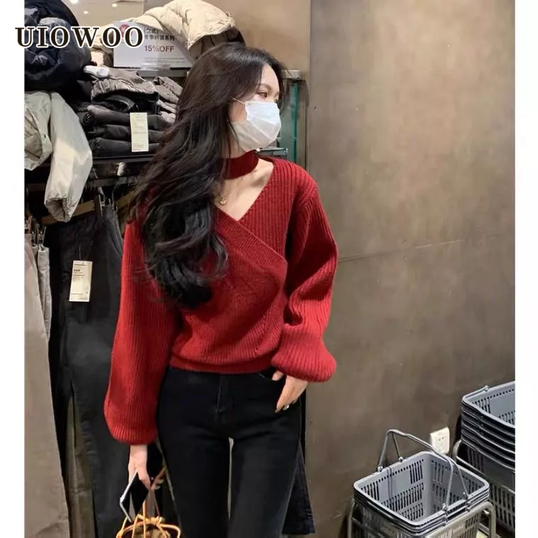 UIOWOO Áo Sweater Dệt Kim Cổ Yếm Kiểu Pháp Thiết Kế Thanh Lịch Cho Nữ