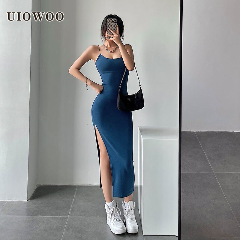 Đầm hai dây UIOWOO dáng ôm dài xẻ tà cao gợi cảm phong cách Âu Mỹ thời trang
