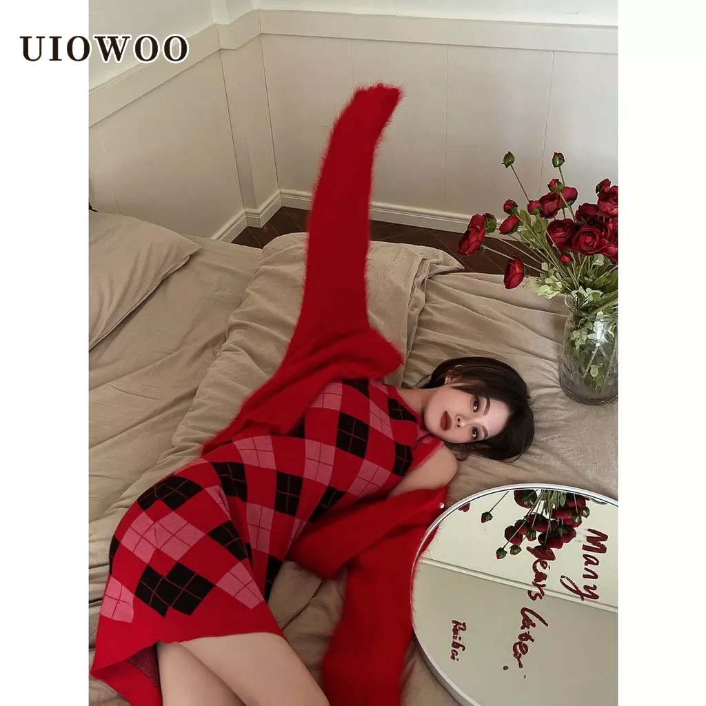 UIOWOO Đầm Dệt Kim Sát Nách Dáng Ôm Màu Đỏ Đính Kim Cương Thời Trang Mùa Xuân Cho Nữ