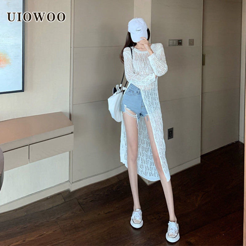 UIOWOO  Áo Dệt Kim Mỏng Dáng Dài Xẻ Tà Xu Hướng Thời Trang Mới Cho Nữ