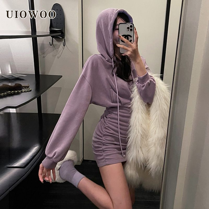 UIOWOO  Đầm Hoodie Xếp Ly Dáng Ôm Màu Trơn Thiết Kế Mới Dành Cho Bạn Nữ