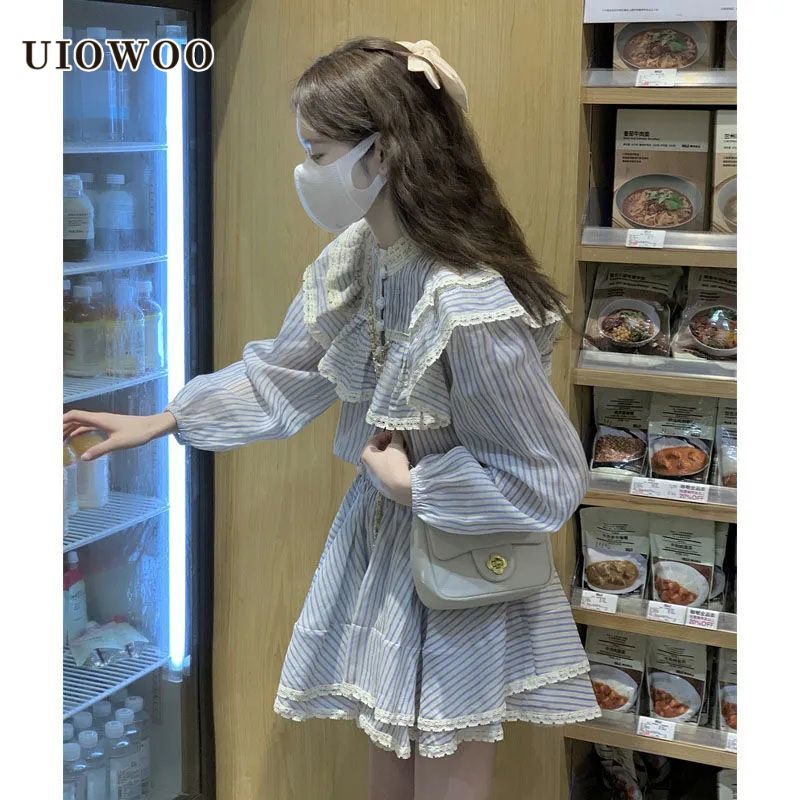 UIOWOO  Set Áo Sơ Mi Tay Dài Kẻ Sọc Phối Ren + Chân Váy Thời Trang Nữ Tính