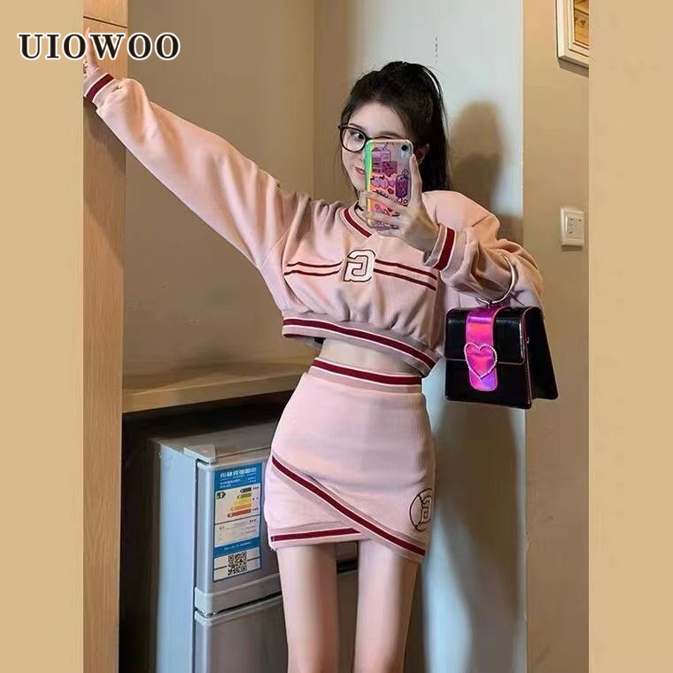 UIOWOO  Set Áo Thun Tay Dài + Chân Váy Màu Sắc Tương Phản Phong Cách Retro Dành Cho Nữ