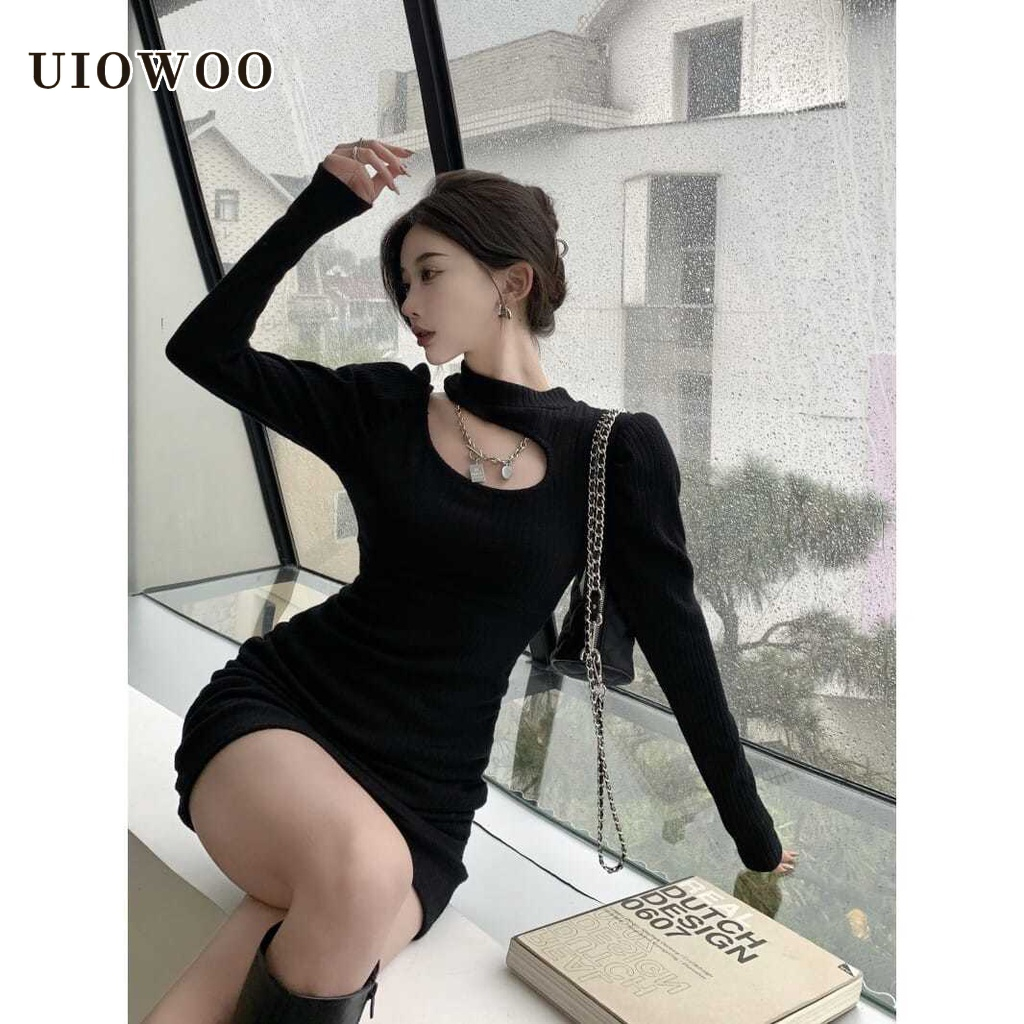 Đầm ôm hông UIOWOO hở vai xẻ tà dày dặn màu trơn thời trang cho nữ