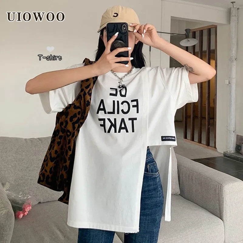 UIOWOO  Áo Thun Tay Ngắn Plus Size Dễ Phối Đồ Dáng Suông Xẻ Tà Phong Cách Mới Cho Nữ