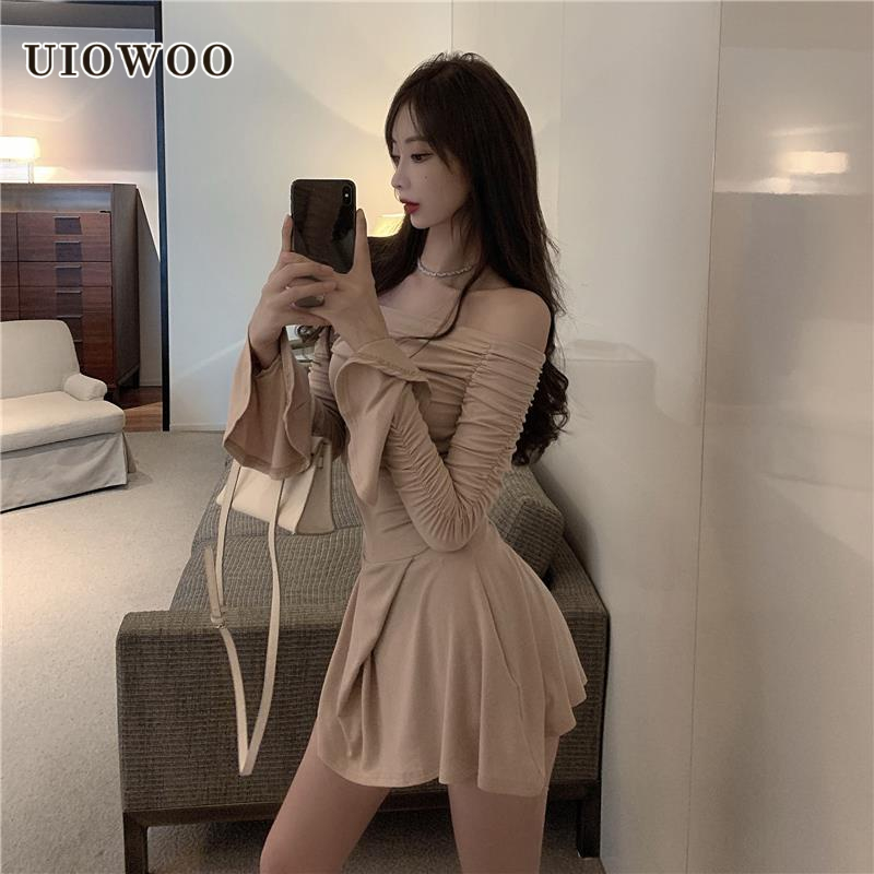 Đầm ngắn UIOWOO ôm dáng tay loe dài thiết kế mới quyến rũ cho nữ