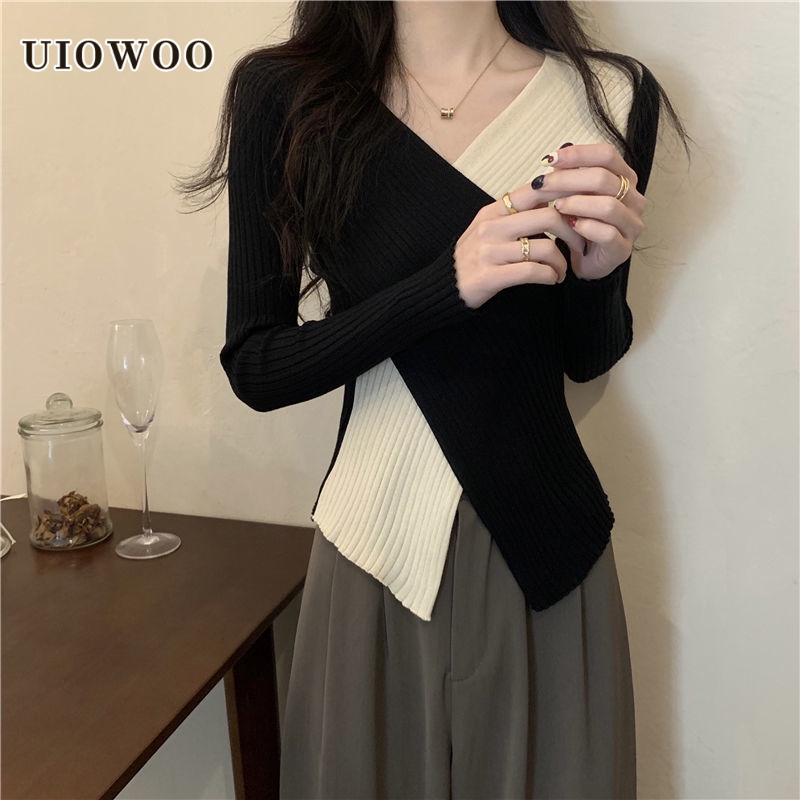 UIOWOO  Áo Sweater Dệt Kim Ôm Dáng Phối Màu Tương Phản Phong Cách Niche Thiết Kế Mới Cho Nữ