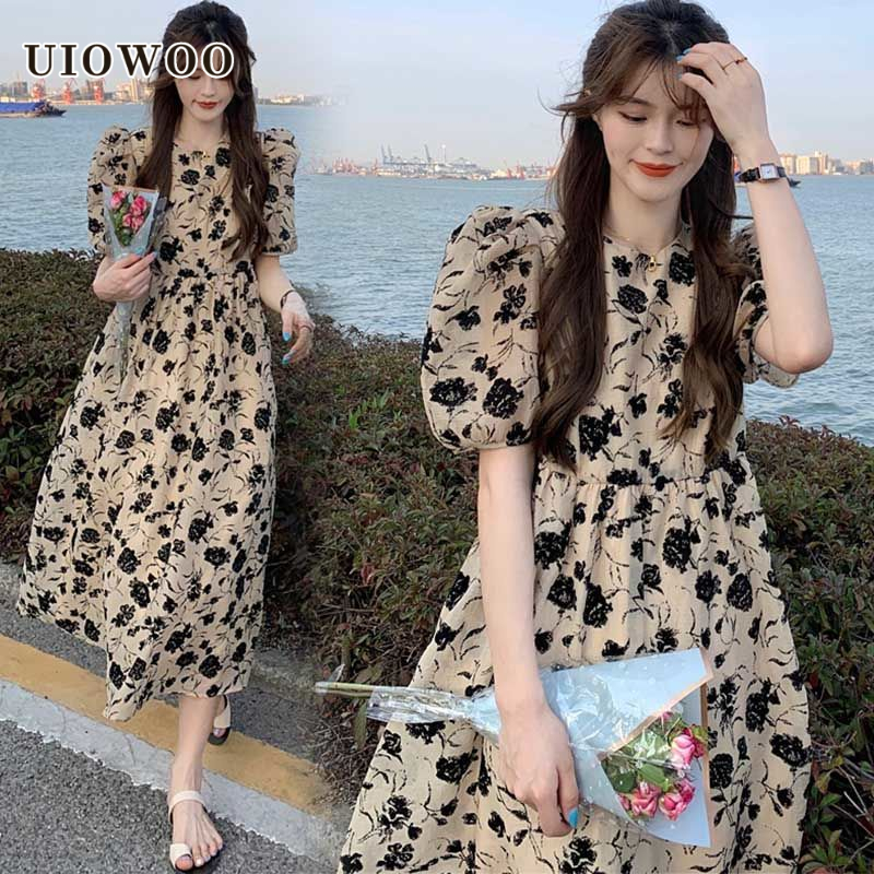 UIOWOO  Đầm Dáng Chữ a Dài Qua Gối Tay Phồng In Họa Tiết Hoa Phong Cách Hàn Quốc Thời Trang Mùa Hè Mới Dành Cho Nữ