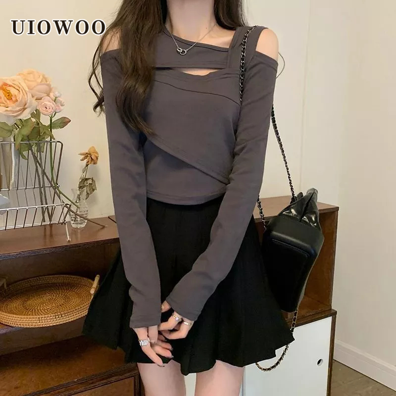 UIOWOO  Áo Thun Nữ Dáng Ôm Lệch Tà Cỡ Lớn Thời Trang Quyến Rũ