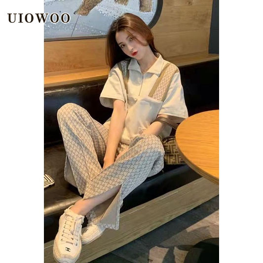 Bộ đồ UIOWOO gồm áo sơ mi và quần dài ống rộng phong cách phương Tây thời trang mùa hè cho nữ