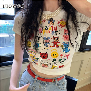 UIOWOO  Áo Thun Nữ Dáng Ôm In Họa Tiết Hoạt Hình Dễ Thương